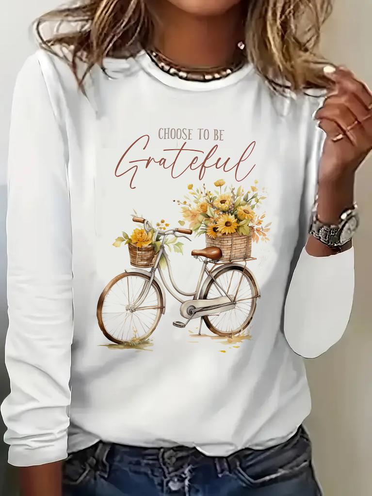 Vintage Choose To Be Grateful Bicycle Graphic T Shirt Women's Casual Long Sleeve T-Shirt Crew Neck Top Tee Tshirt