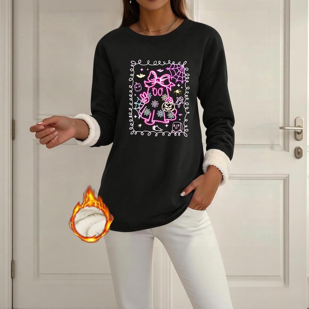 Women's -Lined Long Sleeve Round Neck Halloween Printed Casual Top for Winter