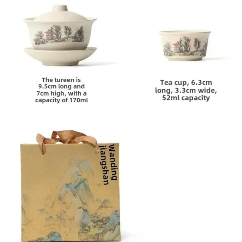 Stoneware Kungfu TeaSet - SancaiLiddedBowl & Teacups for CorporateGifts StoreOpening TraditionalChineseCeramic Commemorative Set