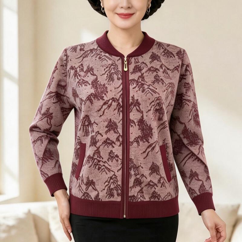 Yuzhaolin Elderly Women's Landscape Print Zip-up Knitted Cardigan