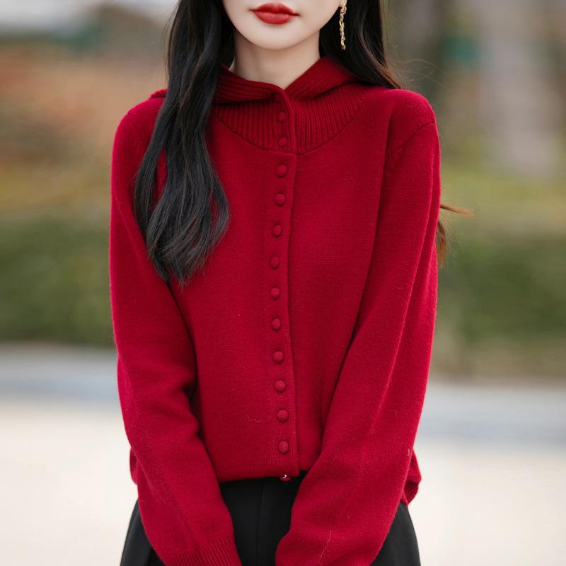

Весенний новый вязаный кардиган с капюшоном на пуговицах, однотонное свободное и универсальное пальто XXL красный