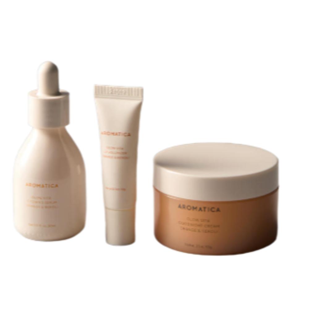 AROMATICA Glow Vita Good Night Cream 90g & Serum 30ml & Lip Volumizer 10g 3-Piece Set Radiant Skin & Plumping Lip Care Kit