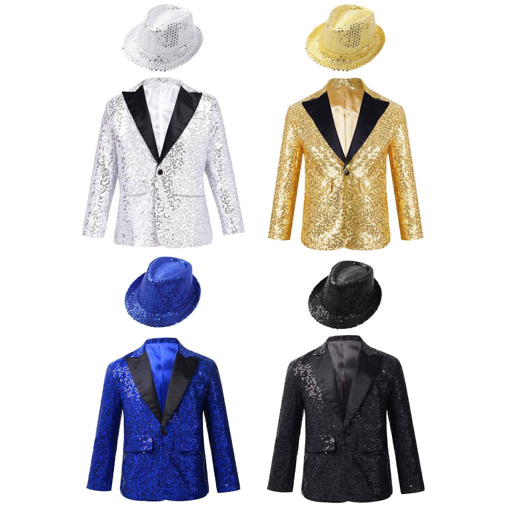 Boys Shiny Sequins Tuxedo Suit Long Sleeve Lapel Single Breasted Jacket Coat with Hat Dance Banquet Performance Costume
