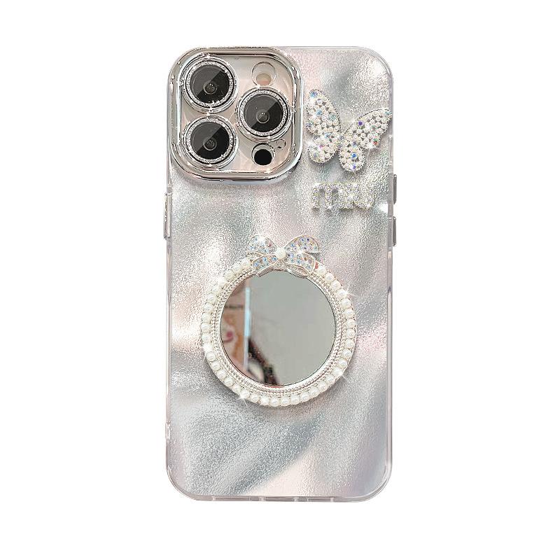 Flash Diamond Butterfly Pearl Round Mirror Suitable for Apple 16 Mobile Phone Case 15 Bracelet 14 High-end Feeling 13 All Inclusive 11 Women