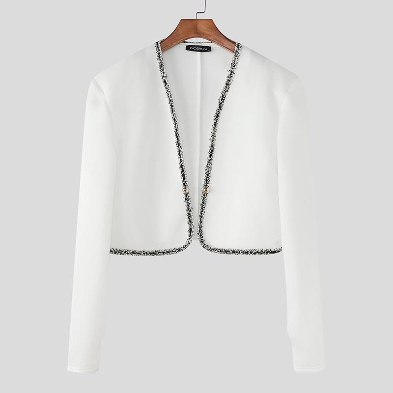 INCERUN Men Long Sleeve Open Front Stitching Short Crop Tops Shirts