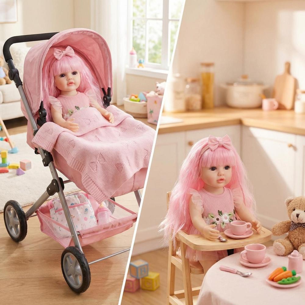 Real Looking 55cm Reborn Babies Dolls Betty Full Vinyl Body Waterproof Simulation Dolls Beautiful Pink Hair Dress Up Rebirth Doll Kid's Birthday Gifts