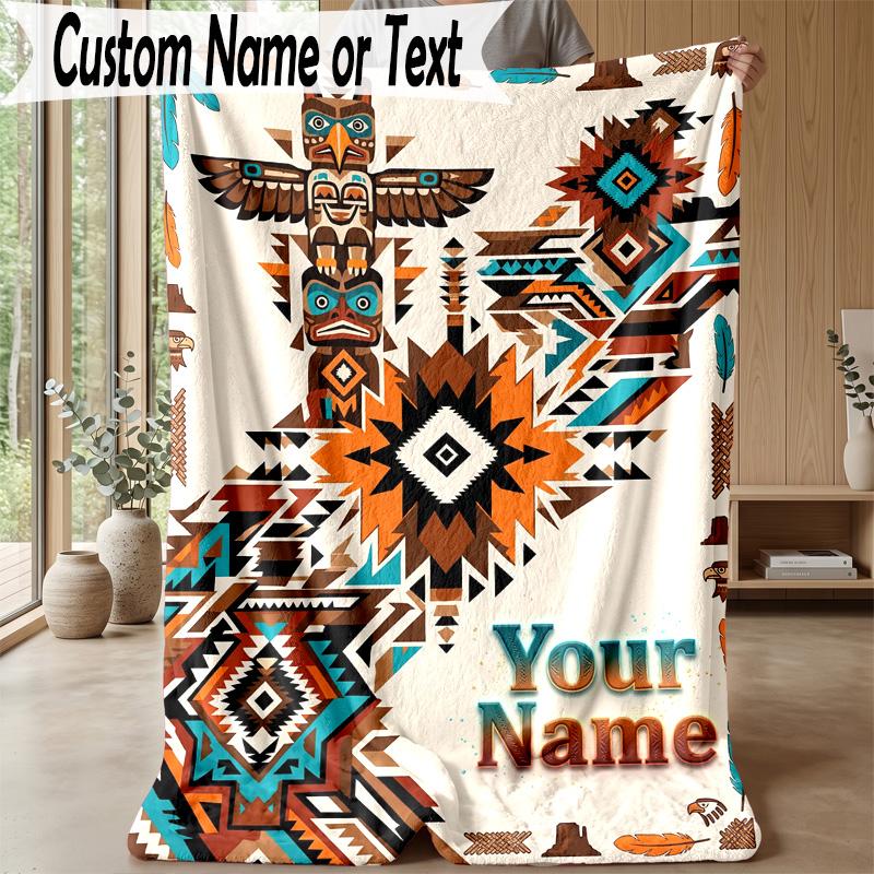 Native American Totem Theme Personalized Blanket Custom Name Print Cozy Flannel Household Blanket 1pc