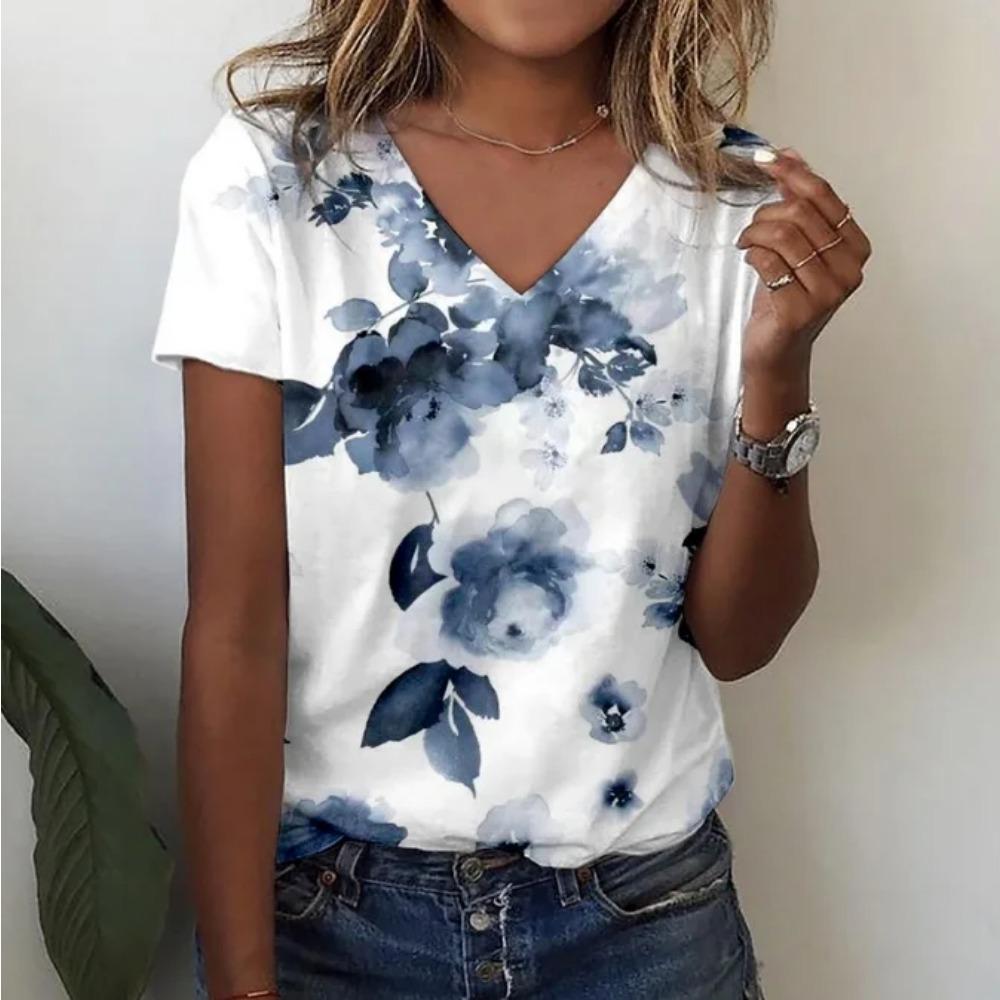Summer New Style Floral 3D Print Casual V-Neck Women Short Sleeve Comfortable Polyester Fiber Fashion