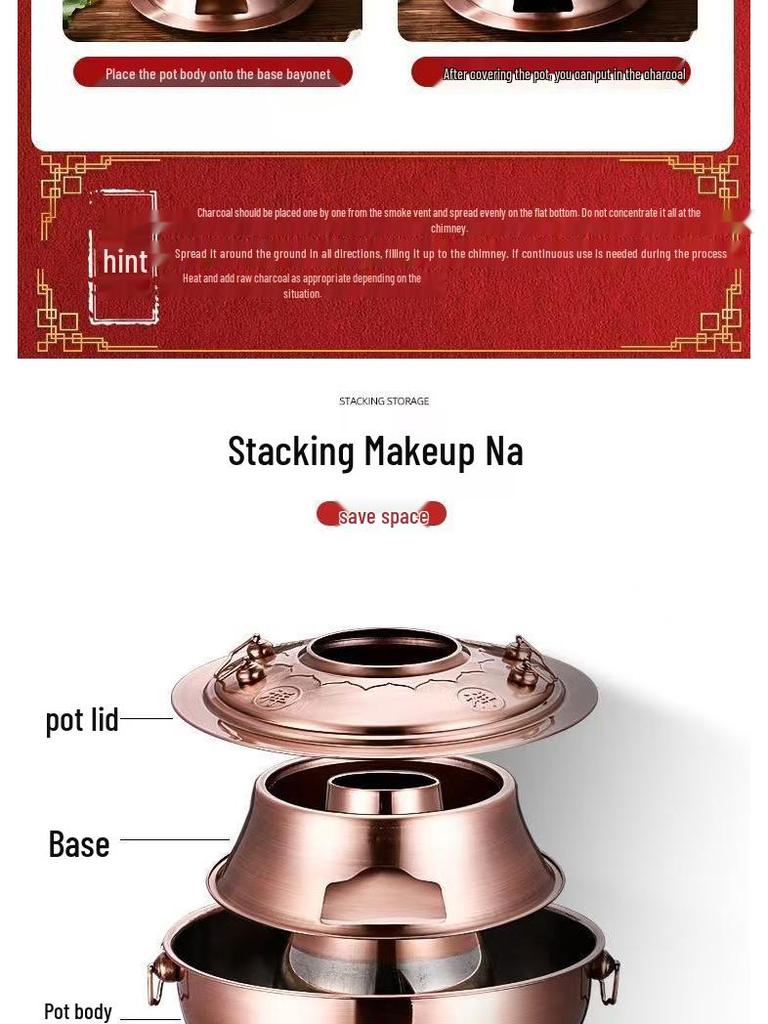Old Beijing Dual-use Electric & Charcoal Copper Dry Pot - Stainless Steel Boiler