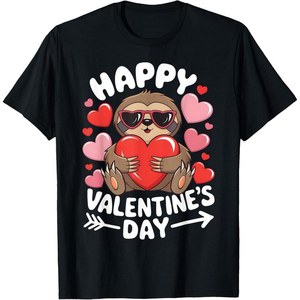 Happy Valentines Day Sloth Red Hearts Graphic Women Girls Cotton Men T Shirt XXL чёрный