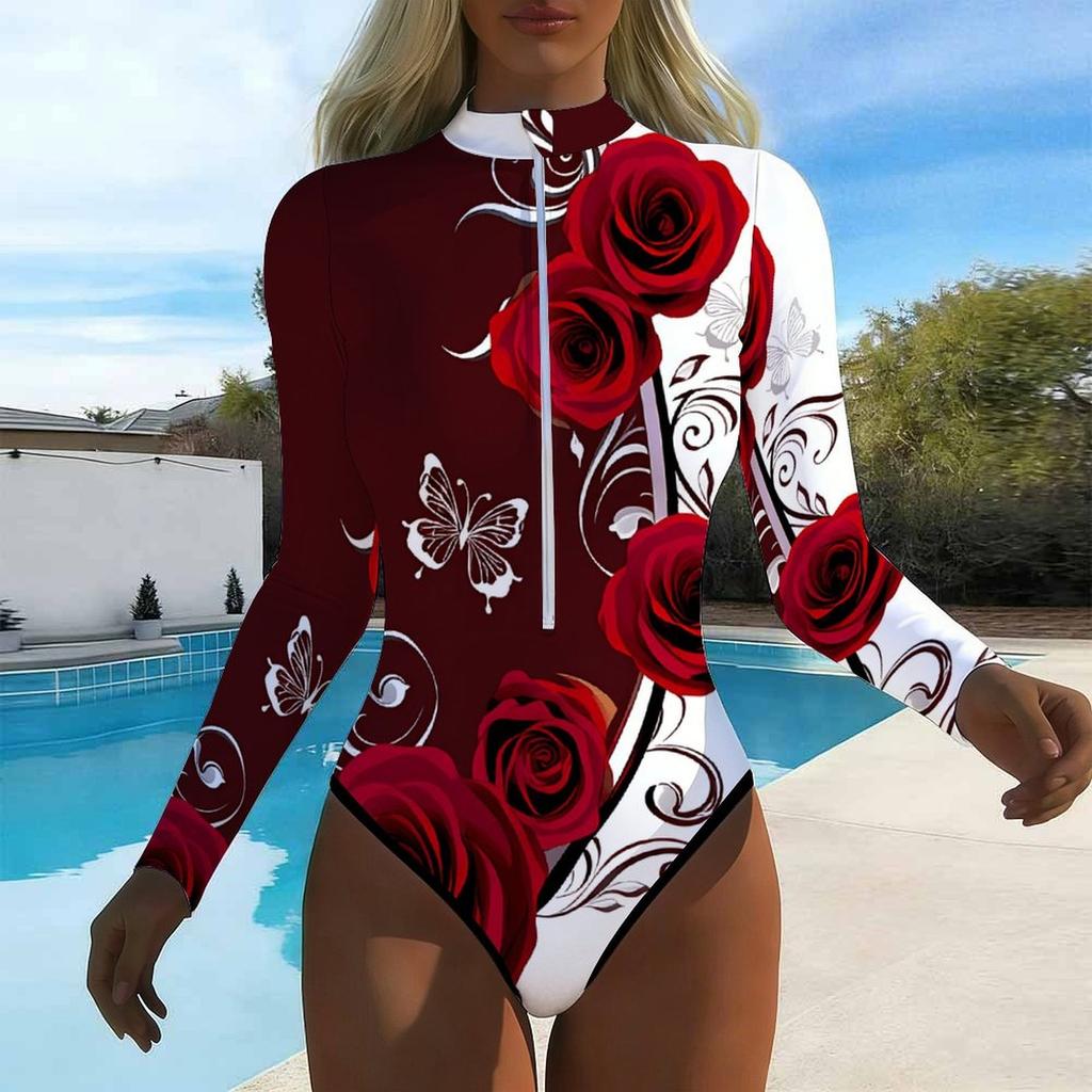 Women Long Sleeve One Piece Swimsuit Zip Front Rose Print Rash Guard Surfing Bathing Suit