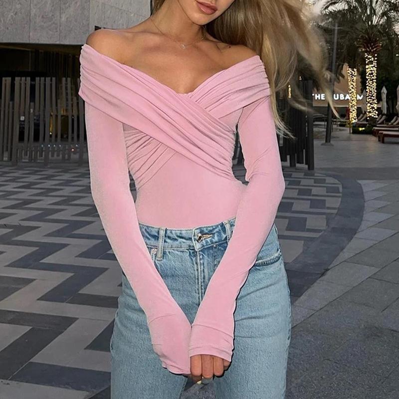 Sexy Dámské Módní Jednobarevné Body s Odhalenými Rameny Křížené Záhyby Skinny Romper Oblečení Dlouhý Rukáv Šik Streetwear Podzimní Oblečení Nové