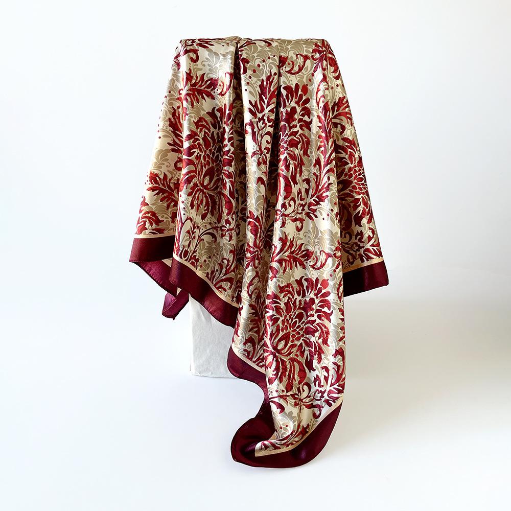 Vintage-print Silk Scarf, 90×90cm, Faux Silk Headscarf, Glossy Satin Headscarf, Head-wrapping Scarf