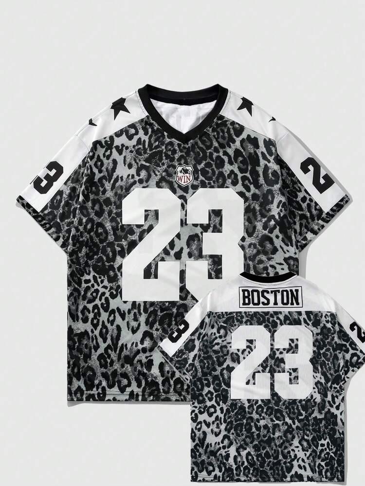 Sommer Pfirsichblüte Leopardenmuster Nr. 23 Bedrucktes Basketballtrikot T-Shirt Damen Modische Streetwear V-Ausschnitt Hiphop Lässiges Oberteil 4XL gray