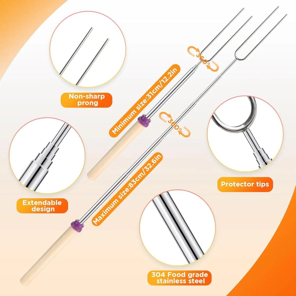 10pcs Telescoping Barbecue Fork Stainless Steel Double Metal Skewers Campfire Hot Dog Roasting Stick Smores Skewer for Camping