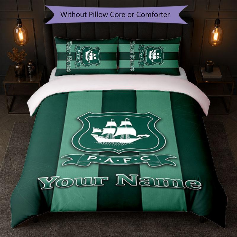 Plymouth Argyle FC Custom Name Text Bedding Set 1 Duvet Cover+2 Pillowcases Soccer Logo Personalized Gift For Special Occasion Bedroom Decor