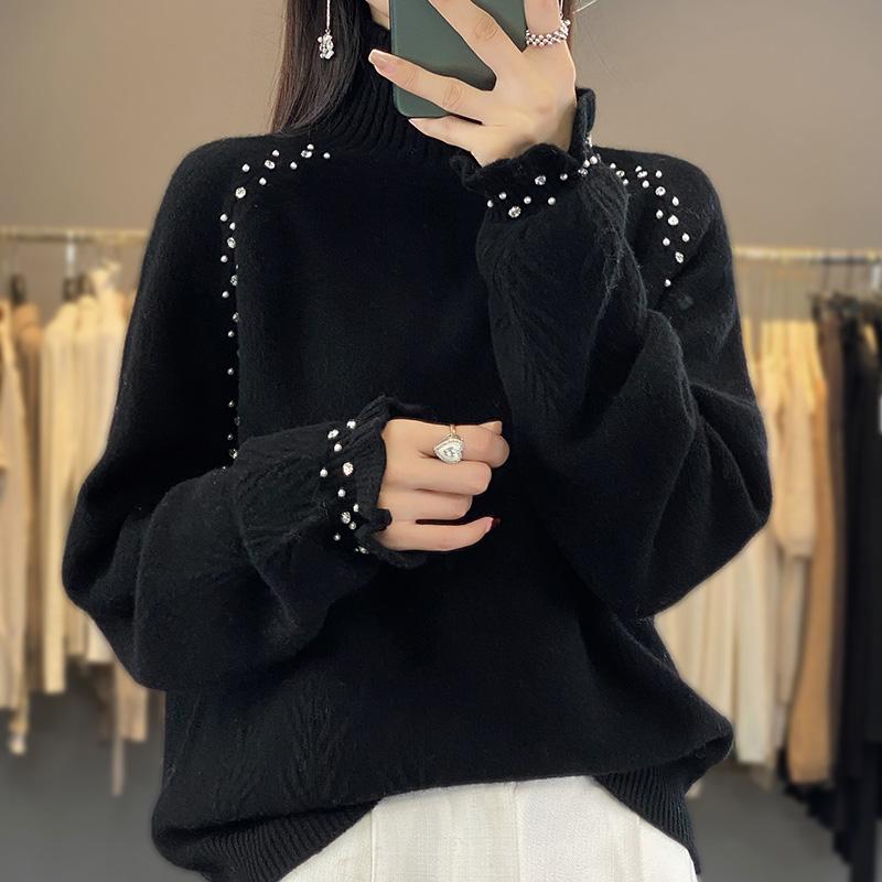 Maglione interno da donna, a collo alto e a mezza maglia, con fondo lavorato a maglia, per autunno e inverno