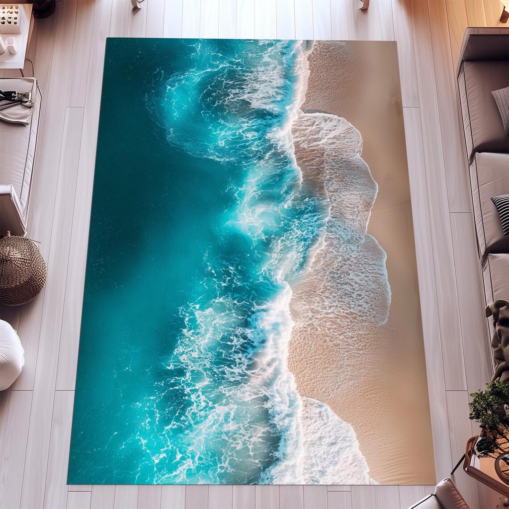 3D Beach Seashell Area Rug – Ocean Starfish Print Carpet – Soft Non-Slip Floor Mat for Living Room Bedroom Coastal Home Decor