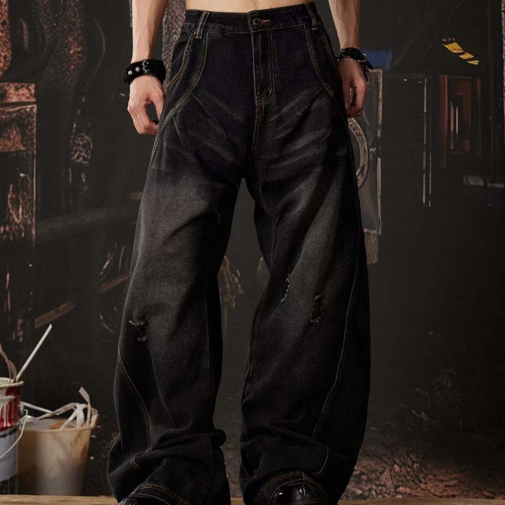 American Retro High Street Ripped Old Scimitar Jeans Men's and Women's Loose Straight Hip-hop Wide-leg Pants Sickle Pants