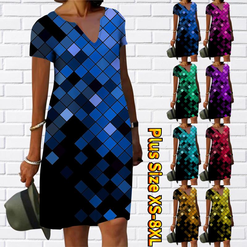 

Летнее модное большое платье с V-образным вырезом Женское платье с коротким рукавом 3D цвета квадратное платье с принтом Свободное повседневное платье для женщин