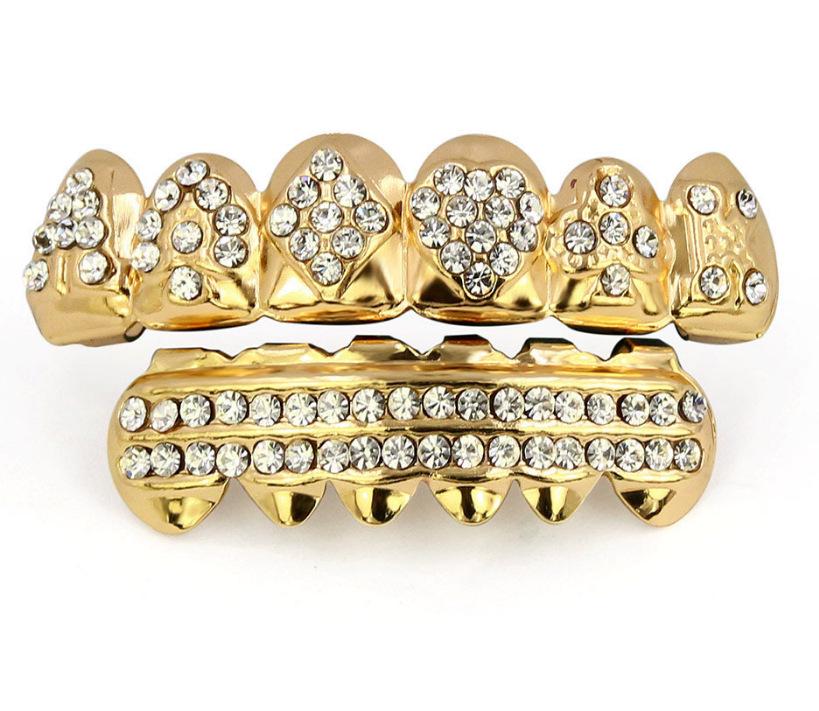 Grillz placcati in oro con diamanti, decorazione Hip-Hop con carte da gioco transfrontaliere