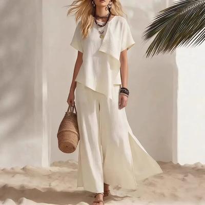 Women's Beige Short Sleeve Top and Wide Leg Pants Two Piece Set with Asymmetrical Pleat Detail