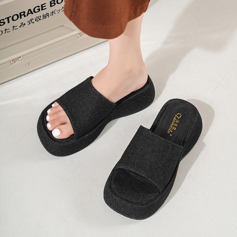 2025 New summer denim blue platform slippers women open toe thick high heels slides shoes female jeans flip flops sandalias