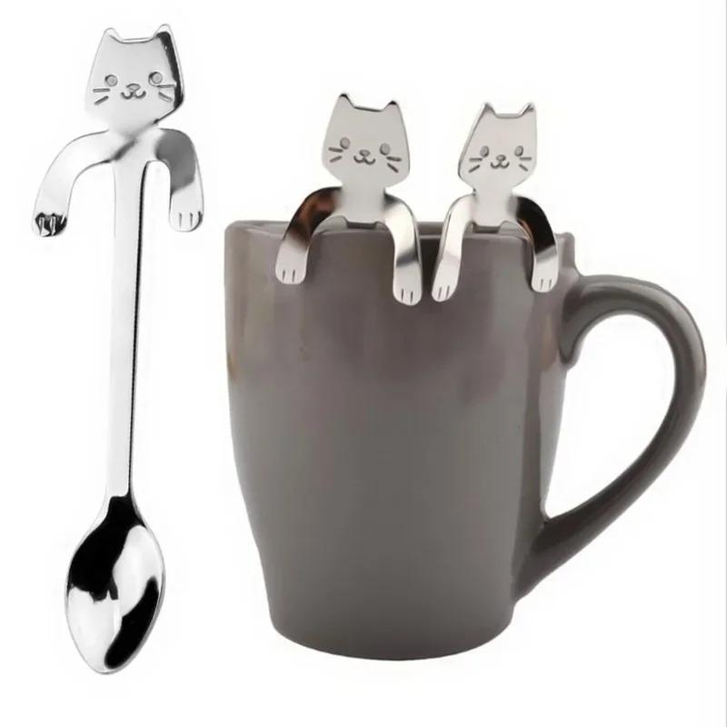 Cute Cat Spoon Gold Sliver Long Handle Spoons Flatware Drinking Tools Kitchen Conveninece Items Household Accessories Tools