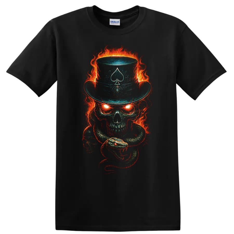 Flaming Skull T Shirt w/ Fiery Snake Top Hat Spade Gothic Horror Graphic Tee