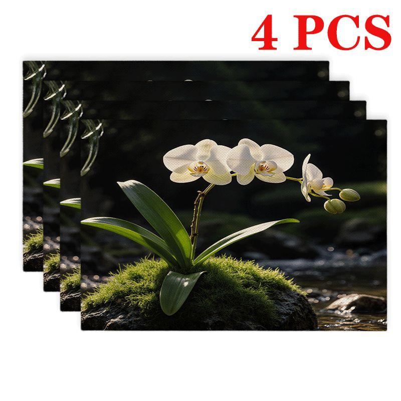 4/6pcs New Chinese Style Orchid Placemats Suitable for Dining Table, Rectangular Heat-Resistant Washable Polyester Table 4pcs