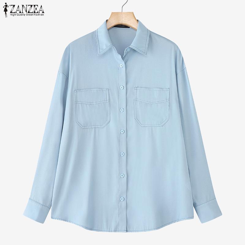 

ZANZEA Женская повседневная блузка классического кроя с отложным воротником, свободного покроя, с длинными рукавами M светло-синий