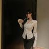 Women Spring Casual Bandage Shirts Korean Streetwear Slim Blouse Bell Sleeve Shirt