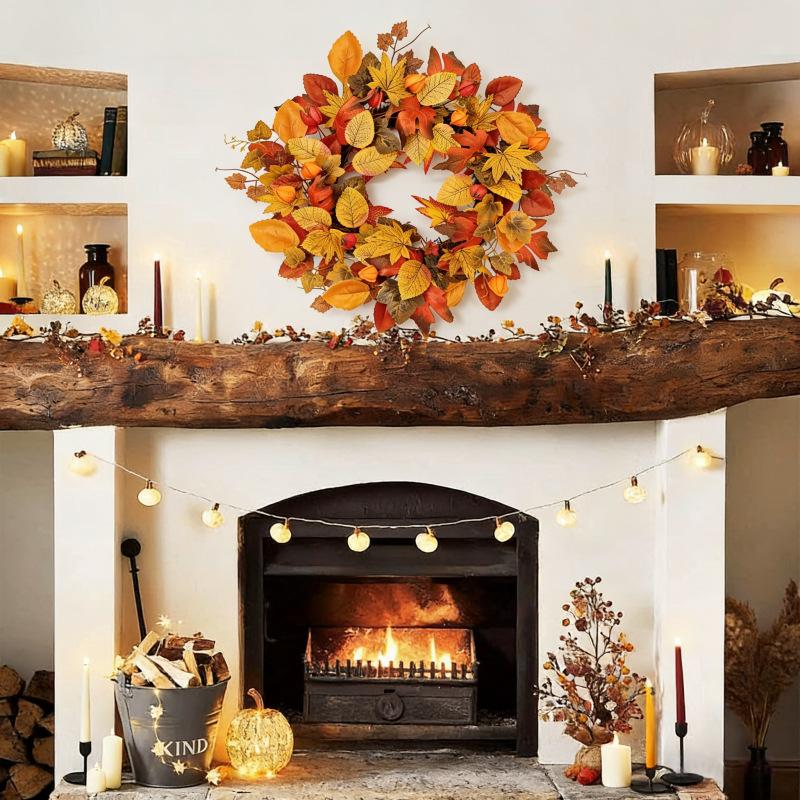 50cm Autumn Maple and Currant Artificial Leaf Wreath with Mixed Leaf Shapes and Berry Accents for Seasonal Home Decoration