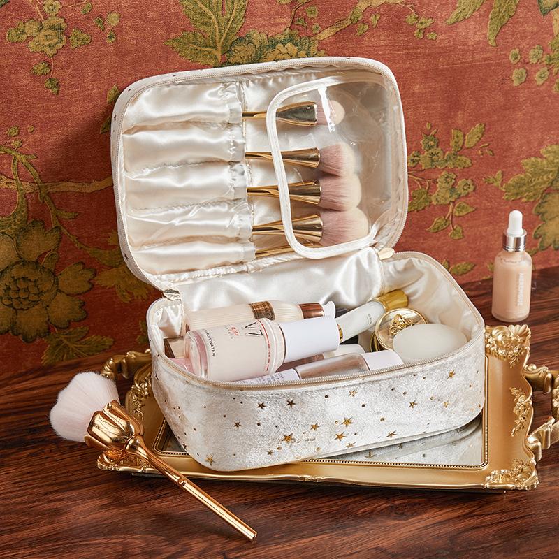 Portable Travel Small Cosmetic Bag Flannel Cosmetic Storage Bag Hand Flannel Women's Large Capacity Starry Sky Cosmetic Bag