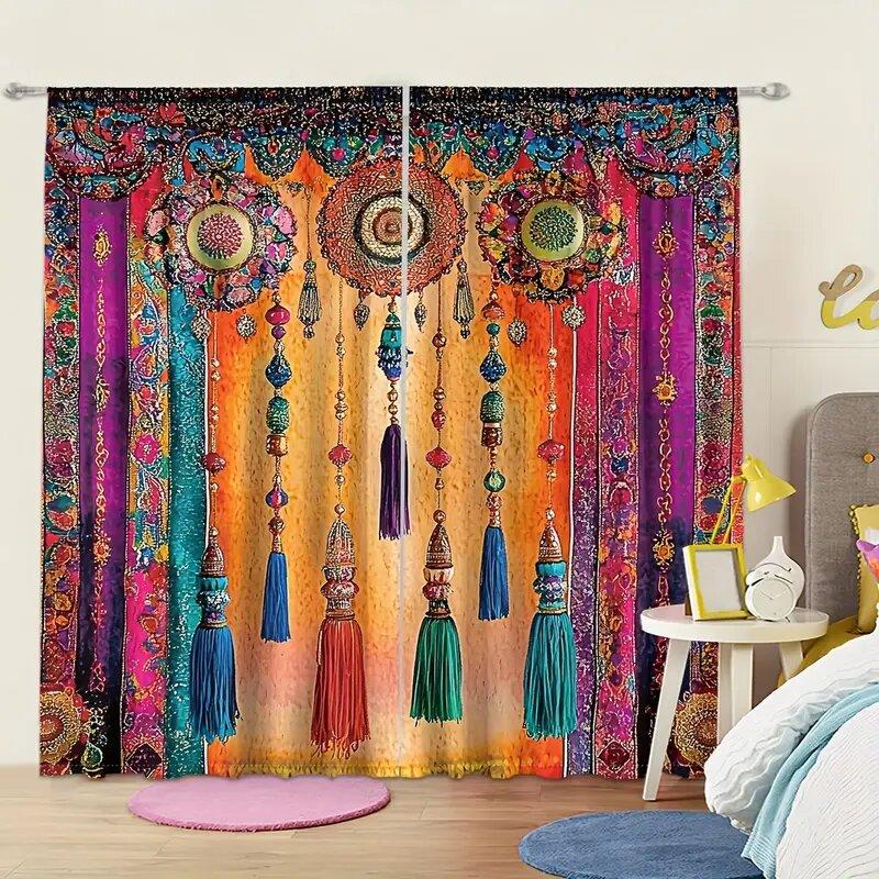 Style Ruffled Pattern Printed Curtains Window Decorations Home Room Curtain Set Of 2 Bohemian Made Polyester Washable