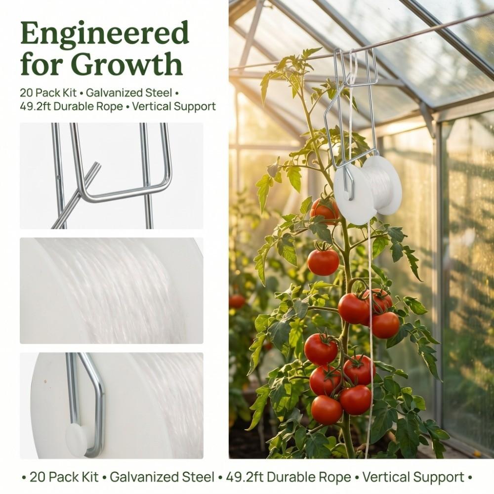 20PCS Galvanized Steel Wire Tomato Roller Hooks PP Rope Easy To Use Tomato Support Hooks Adjustable 15m /49.2ft Length
