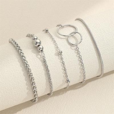 5 Piece Set Women Geometric Chains Metal Beaded Bracelets Interlocking Bracelets Fashionable High-end And Versatile Accessories