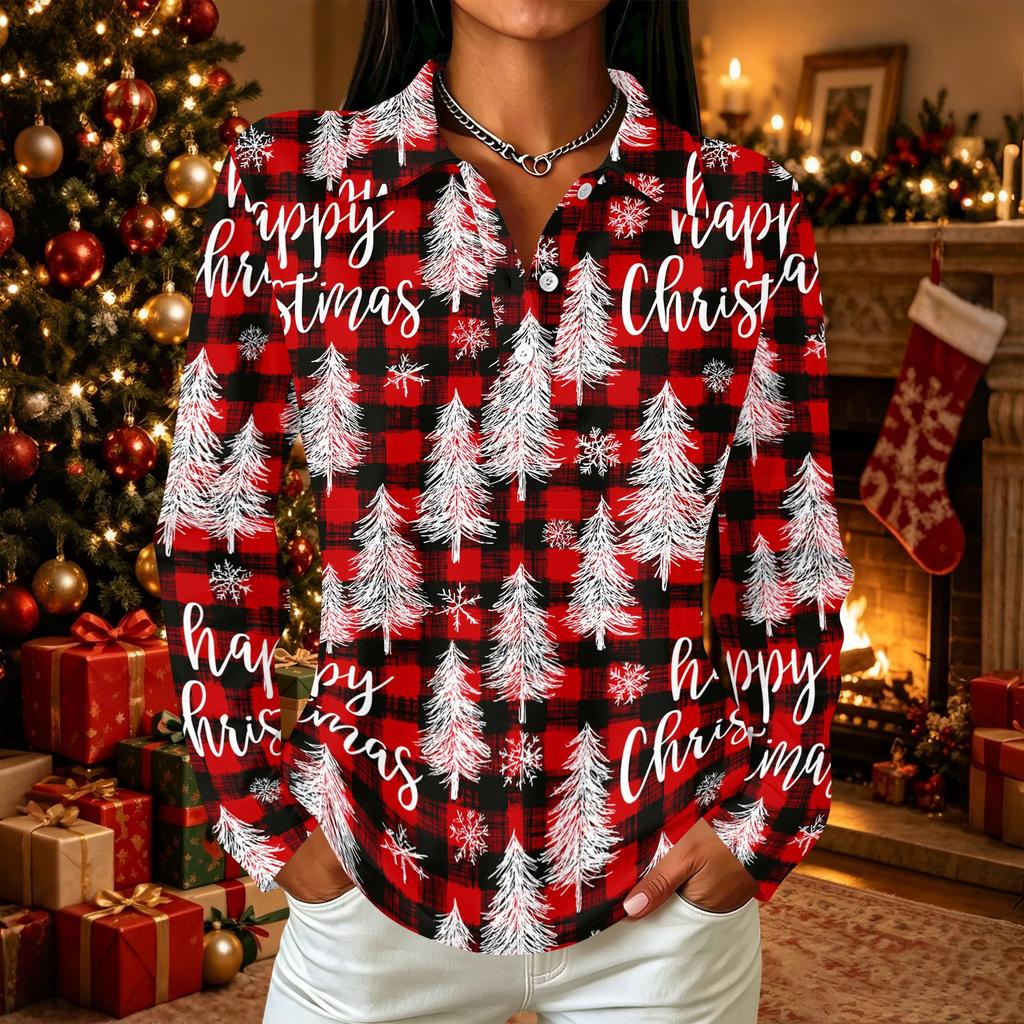 Women's Casual Christmas Print Long Sleeve Button Front Top with Lapel Collar and Side Slits