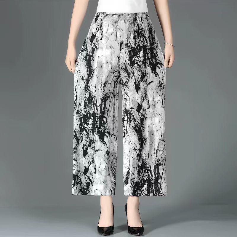 

Широкие брюки из ледяного шелка, женские летние брюки с высокой талией для женщин среднего и пожилого возраста, окрашенные брюки с градиентной окраской S