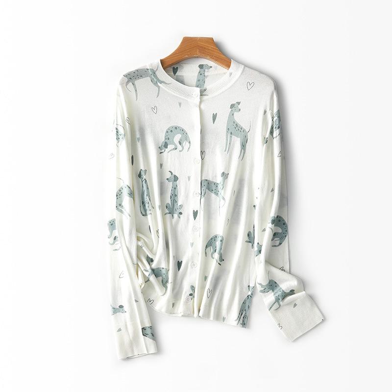 Acetate Wool Blended Printed Knitted Cardigan Women's Summer New Loose Versatile Thin Coat Top