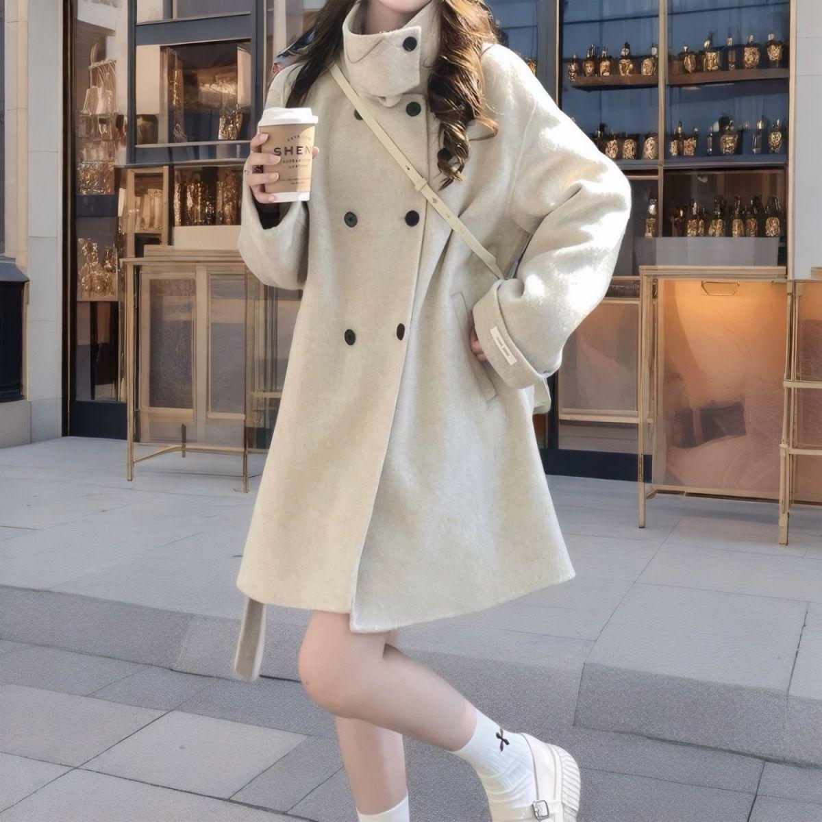 

Женское шерстяное пальто petite в корейском стиле, цвет off-white (кремово-белый) с оттенком рисового абрикоса, осенне-зимняя коллекция, с воротником-стойкой и поясом 2XL 135-145 lbs