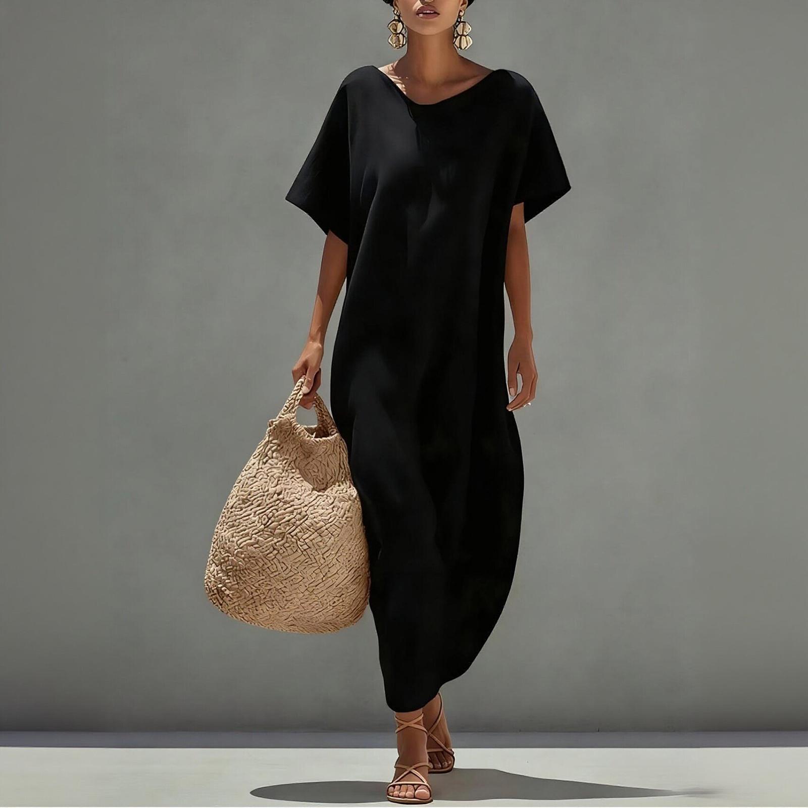 Women s -color Short-sleeved Casual Long Dress L чёрный