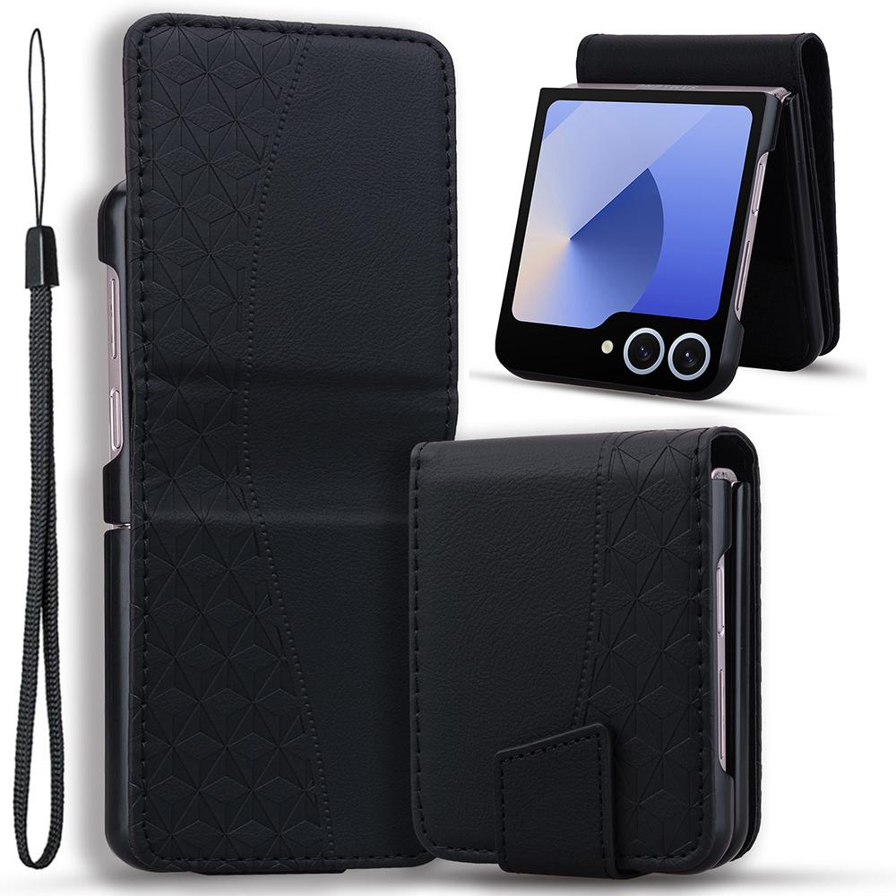 

For Samsung Galaxy Z Flip7 5G Case Rhombus Pattern Leather Phone Cover with Wrist Strap Black