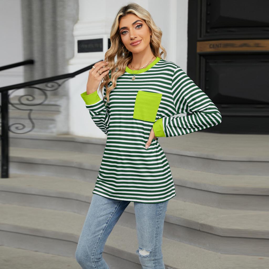 Spring Autumn Long Sleeve O Neck Striped Single Pocket Women Pullover T Shirt Blouse Top