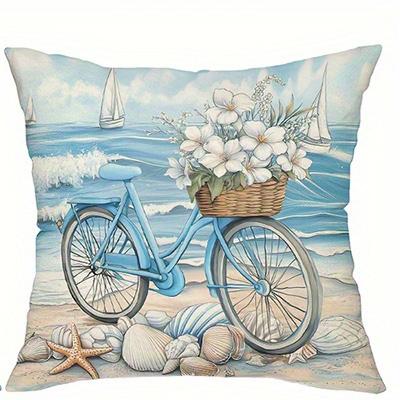 Beach Scenes Bicycle Flowers Double-sided Printed pillow cover Short plush Suitable living rooms bedrooms throw cushion cover