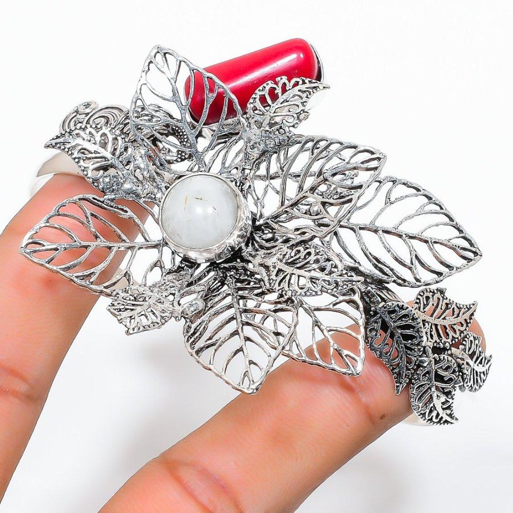 Natural Rainbow Moonstone,Coral Stone 925 Sterling Silver Cuff Bangle Adj. W5Z59