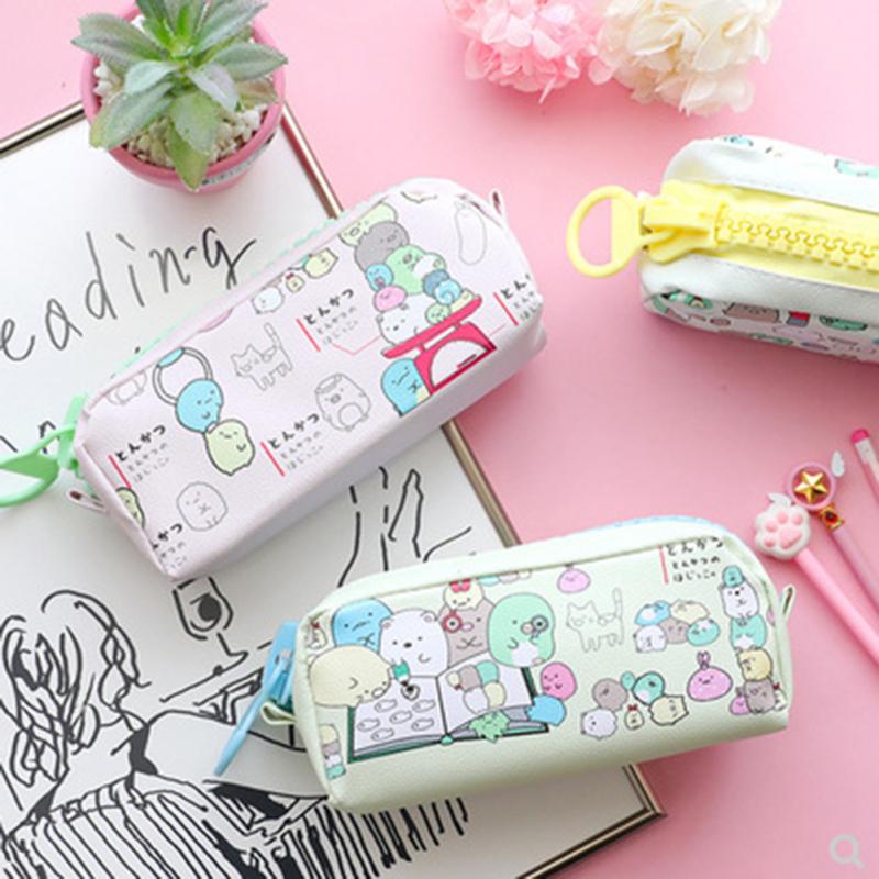 Simple Girls Pencil Case Large Capacity Cartoon Pattern Cute Canvas Stationery Bag Students Supplies