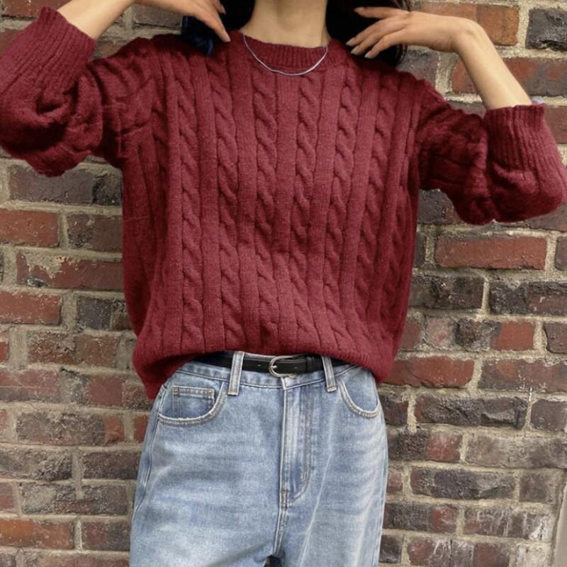 Womens Chunky Cable Knit Sweater Loose Fit Round Neck Long Sleeve Fall Winter Casual Top