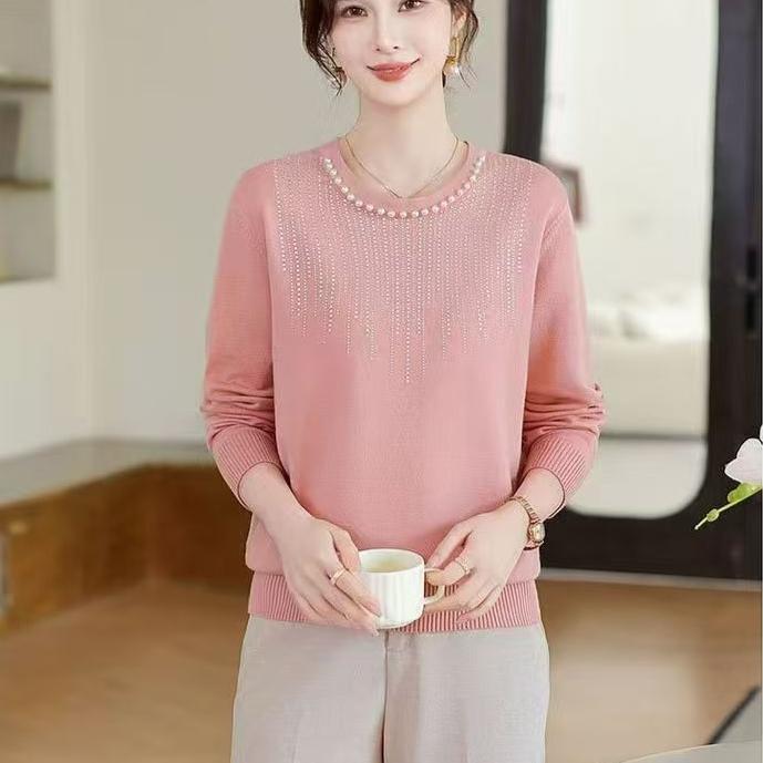 Spring Autumn Women's Round Neck Knit Sweater Loose Beaded Knit Pullover Top