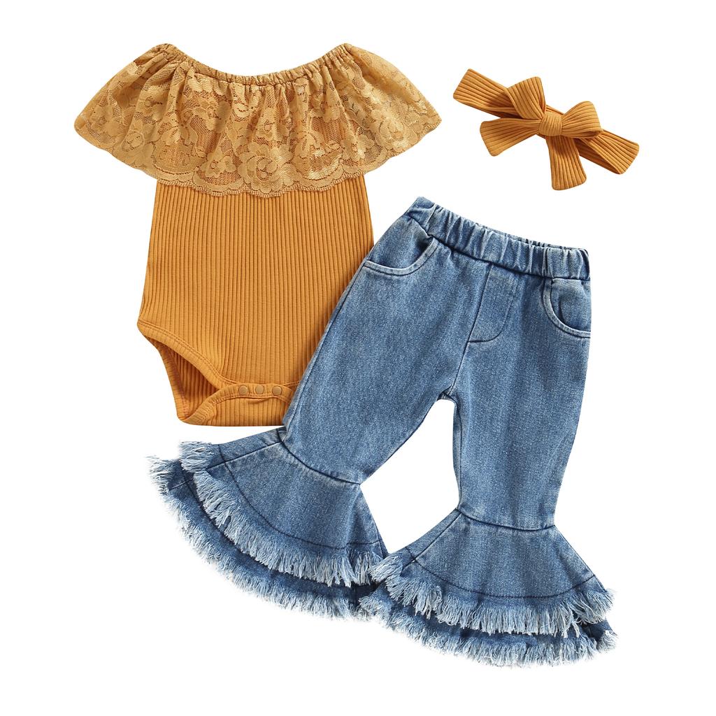Baby Girls Pants Set, Sleeveless Lace Patchwork Romper with Tasseled Flare Pants and Headband